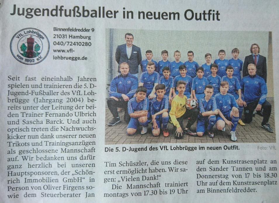 Zeitungsartikel: VfL Lohbrügge Jugendfußballer in neuen Trikots – Sponsor Schönrich Immobilien